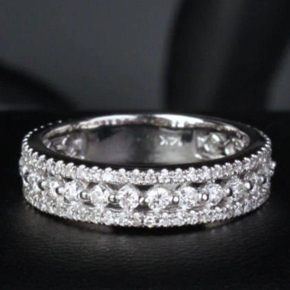 NEW Diamond Ring 3 Row Princess Cut Sterling Silver CZ Avant-Garde Band SZ 10 - Picture 1 of 12